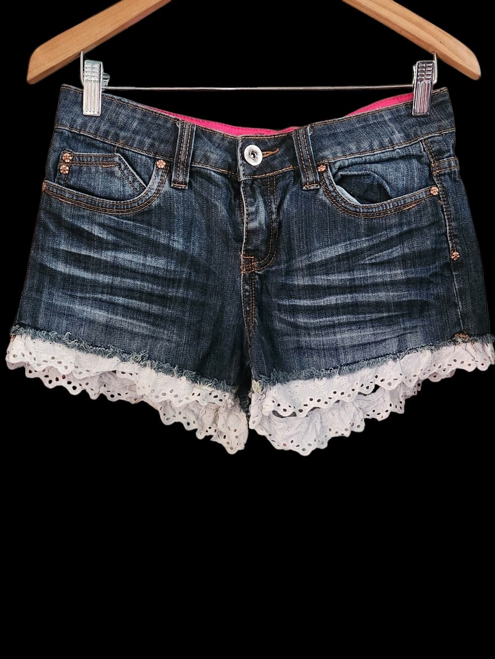 Dollhouse Cutoff Boho Denim Booty Shorts with White Lace Size 7